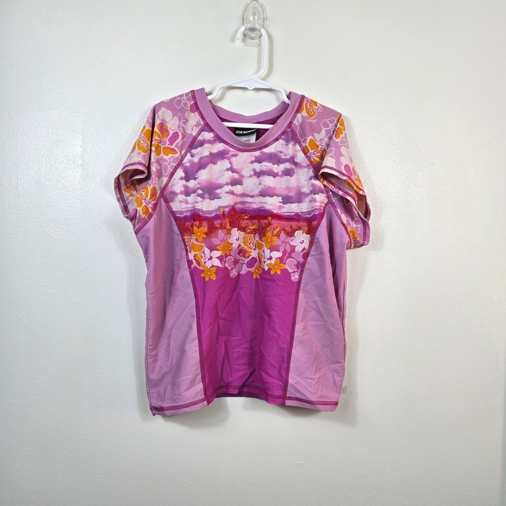 Joe Boxer Womens Pink Purple Floral Hawaiian Short Sleeve Beach Rash Guard Large